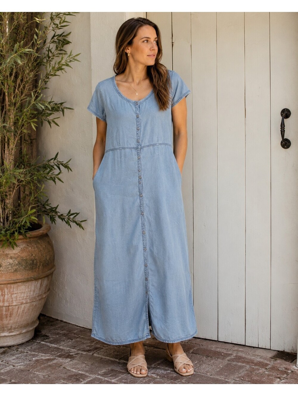 Crazy Horse by Liz Claiborne Light Wash Denim Maxi Dress Size 14 Button Front